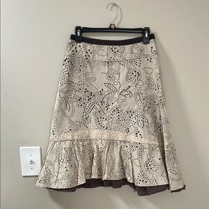 Beige and Brown Ruffled A-Line Midi Skirt